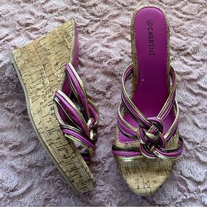 Carrini Cork Wedge Sandal with 4.5” Heel, Size 8.5, Hot Pink/Gold/Bronze